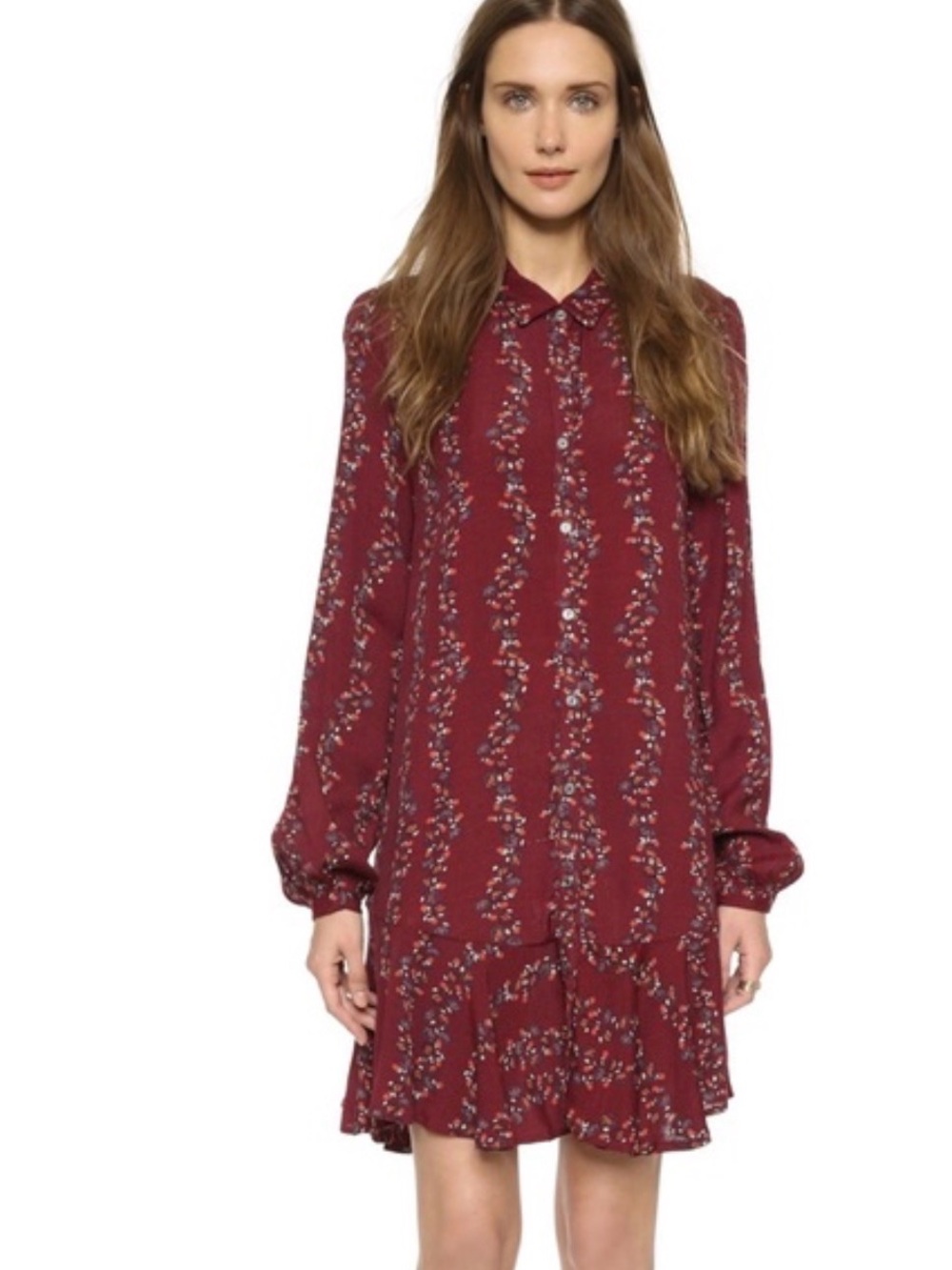 Free People Burgundy Floral Ruffle-Hem Long Sleeve Dress
